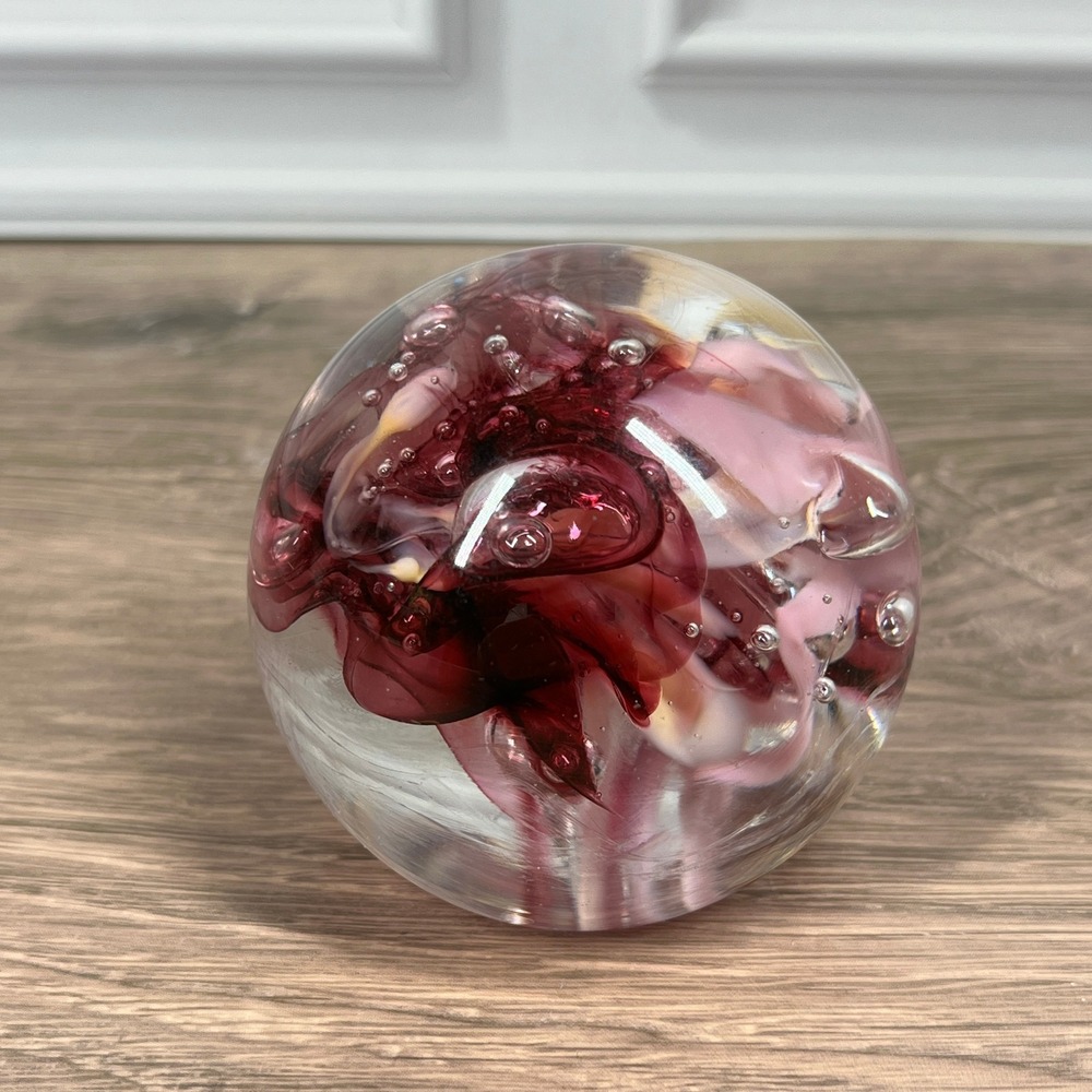 Art Glass Paperweight Floral Burgundy Pink Swirl Controlled Bubble Orb Signed